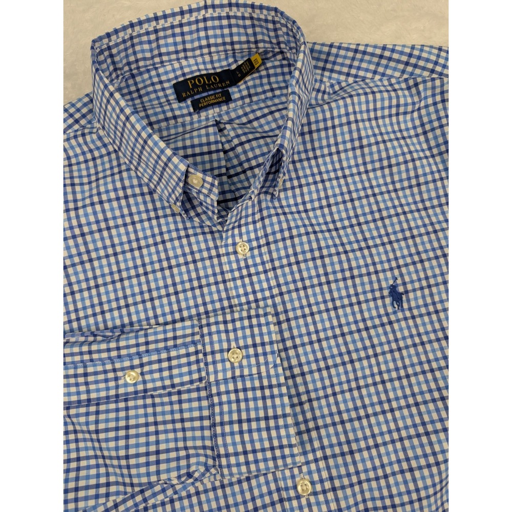 Polo Ralph Lauren Shirt Men's L Performance Long Sleeve Button Blue Check Plaid